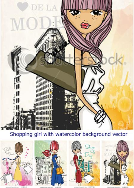 Shopping girl with watercolor background vector REUPLOAD