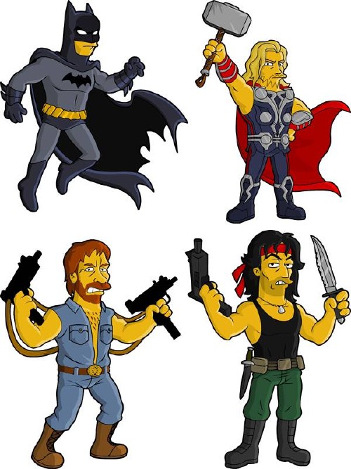 Персонажи кино, игр и комиксов в стиле симпсонов - векторный сток