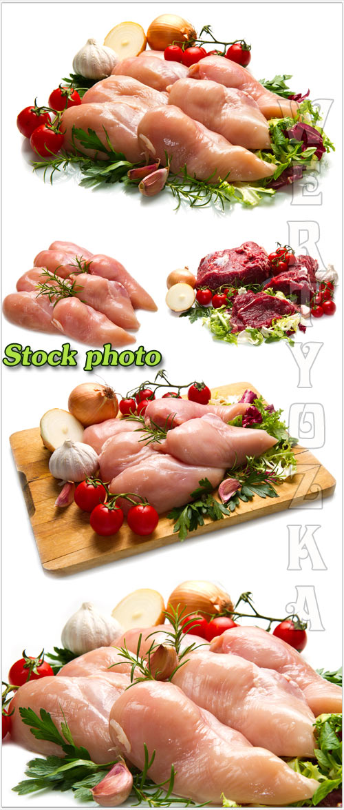        / Meat with vegetables and greens on a white background - raster clipart