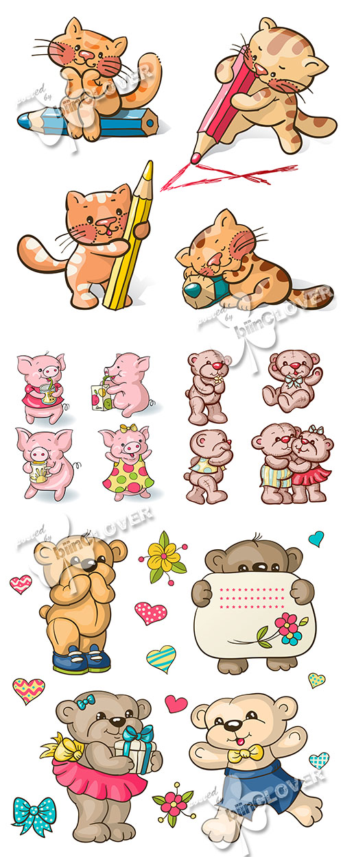 Funny pigs, Teddy bears  and kittens illustrations 0470