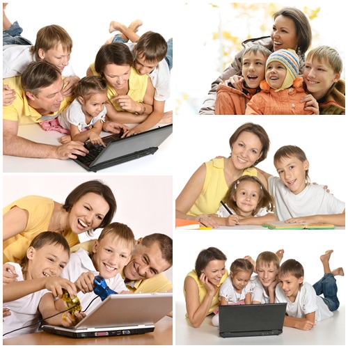 Happy family with laptop - stock photo
