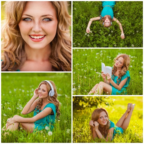 Young woman portraits with headphones - stock photo