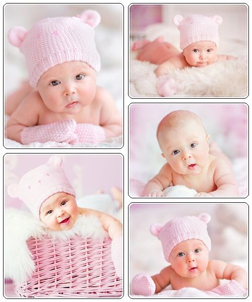 Portrait of cute newborn baby on a pink bed - stock photo