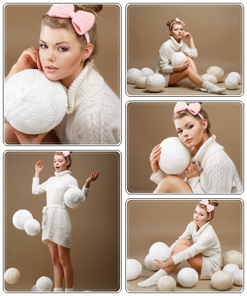 Needlewoman with White Skeins of Yarn - stock photo