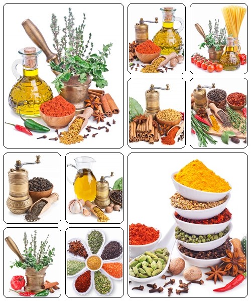 Large collection of different spices and herbs - stock photo
