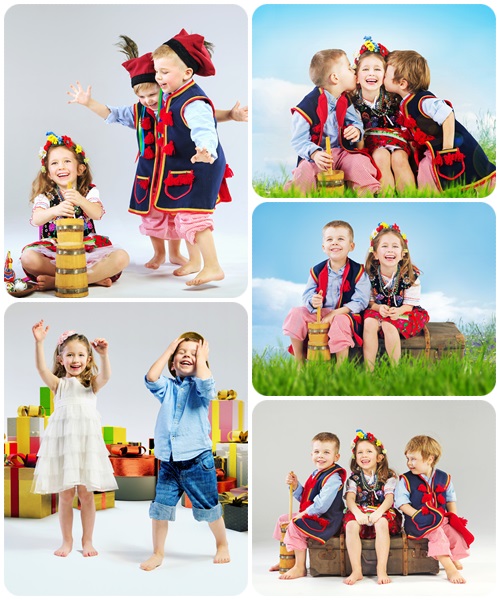 Three cheerful kids wearing national costumes - stock photo