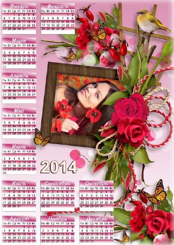 Декоративный календарь с рамкой для фото - Алые розы 