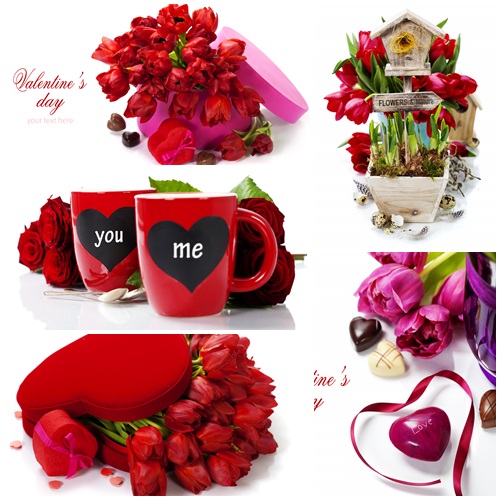 Backgrounds for Valentines day with red roses, tulips and hearts - stock photo