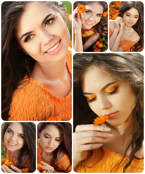 Beautiful girl with orange flowers - Stock Photo